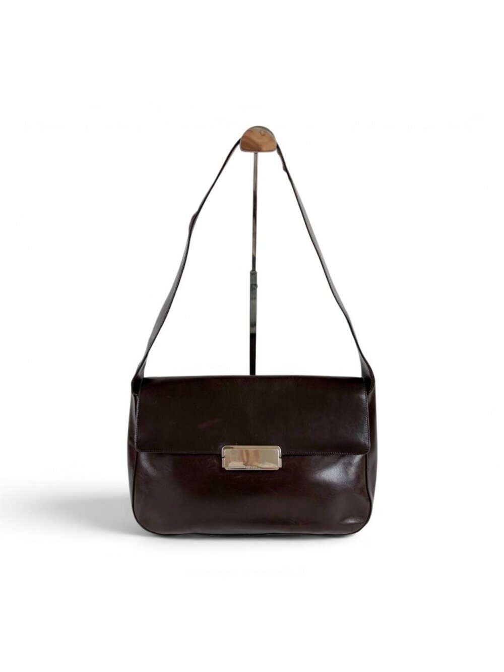 Prada Mirror Calf Leather Shoulder Bag Hobo Dark Brown Cobra Buckle Silver